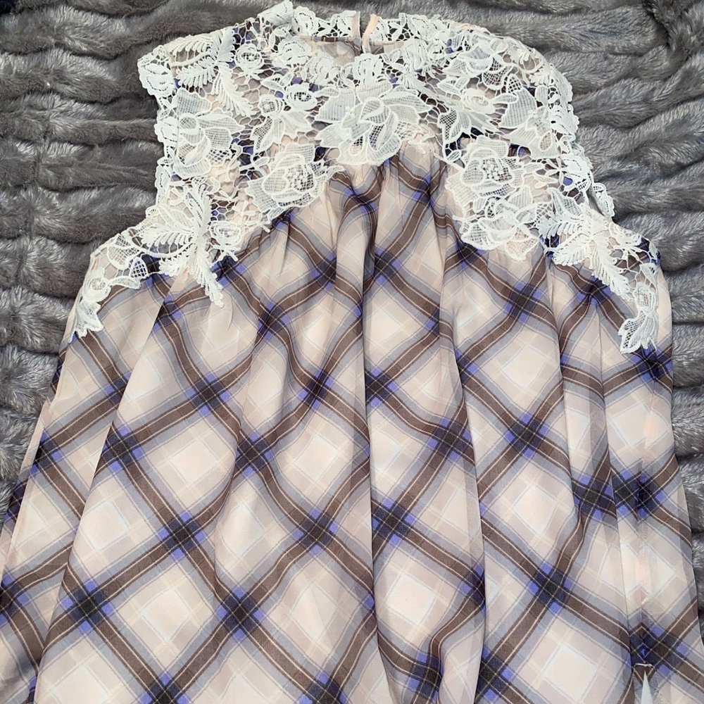 Ann Taylor Plaid & Lace Top